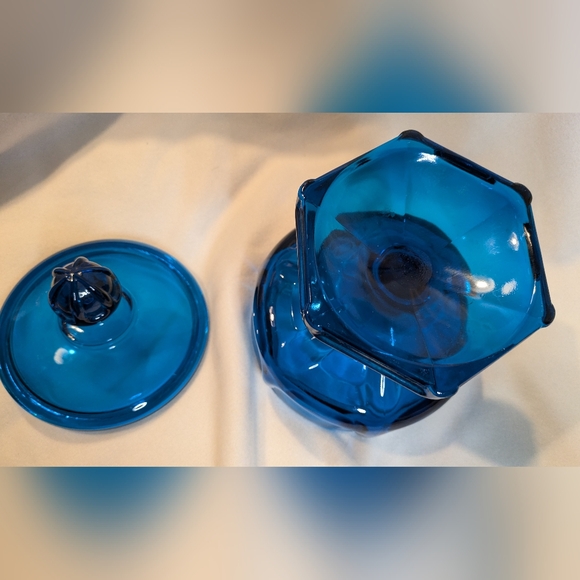 1960's Mid Century Modern Blue Glass Viking Covered Pedestal Dish 6"x 9" - Picture 11 of 16